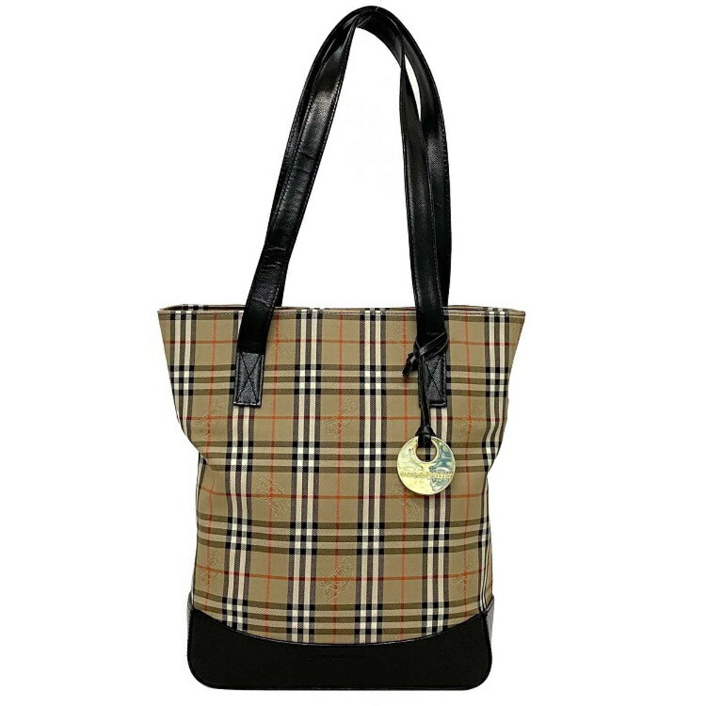 Burberry Tote Bag Beige Black Nova Check Patent Vernis Enamel Charm Bucket